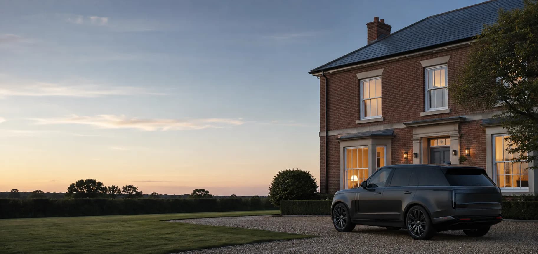 A dark car parked on the driveway of a newly completed British home at dusk.